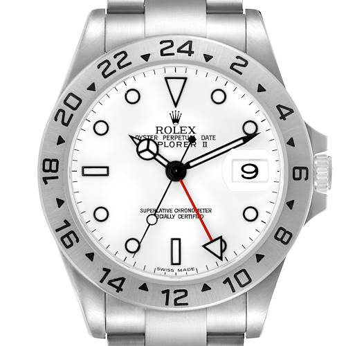 The Rolex Explorer 16570 Men's Stainless Steel White Dial 16570 Men's Stainless Steel White Dial watch is shown from the front, displaying the face, bezel, and part of the bracelet.