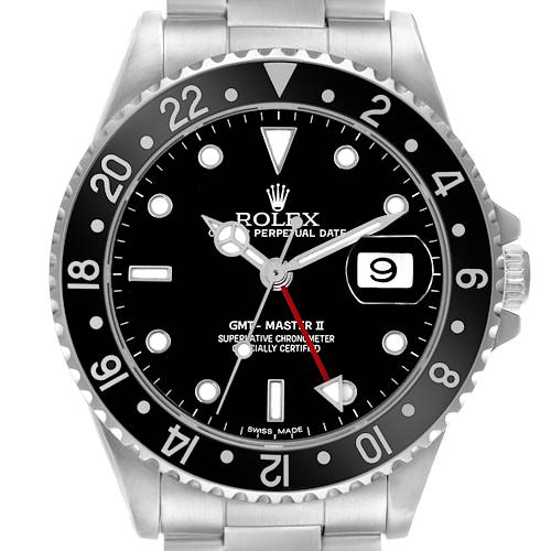The image shows a front view of a Rolex GMT-Master 16710 Men's Stainless Steel Black Dial 16710 Men's Stainless Steel Black Dial II watch, highlighting the dial, bezel, and bracelet.