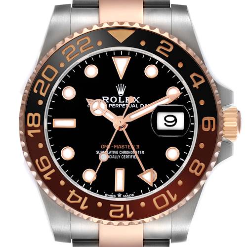 The Rolex GMT-Master 126711 Men's Steel and Gold (two tone) Black Dial 126711 Men's Steel and Gold (two tone) Black Dial II watch is shown from the front, displaying the dial, hands, bezel, and a partial view of the bracelet.