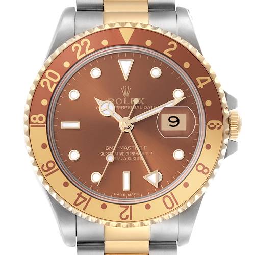 This Rolex GMT-Master 16713 Men's Steel and Gold (two tone) Brown Dial 16713 Men's Steel and Gold (two tone) Brown Dial watch is shown from a front angle, highlighting the bezel, dial, and date display.