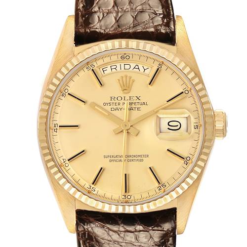 The Rolex President 1803 Men's Yellow Gold Champagne Dial 1803 Men's Yellow Gold Champagne Dial watch is shown from a front angle, displaying the dial, crown, fluted bezel, and leather strap.