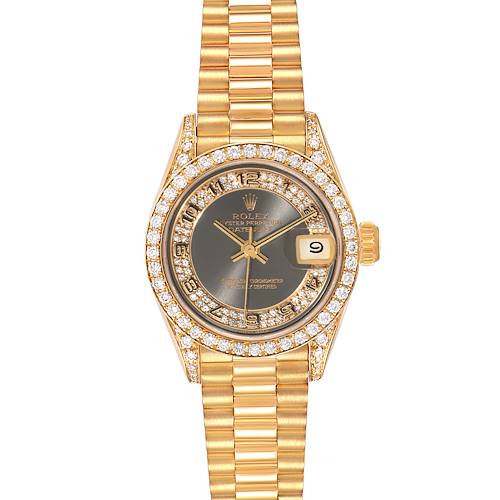 The image shows a front view of the Rolex President 69158 Women's Yellow Gold Grey Dial 69158 Women's Yellow Gold Grey Dial model, highlighting its gold bracelet, diamond bezel, and black dial with date.