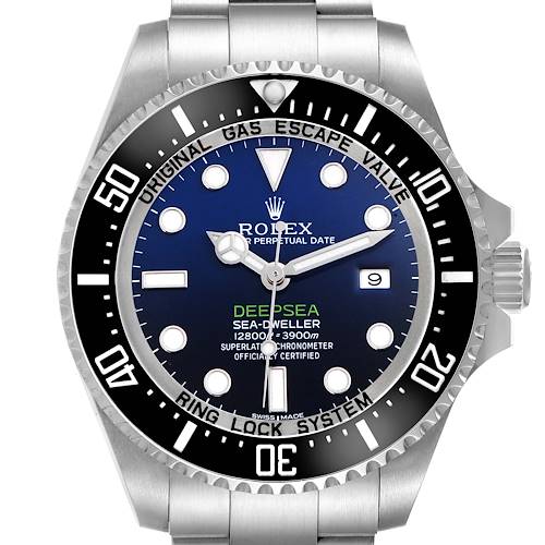 The Rolex Sea-Dweller 116660 Men's Stainless Steel Blue Dial 116660 Men's Stainless Steel Blue Dial watch is shown from the front, highlighting the dial, bezel, hands, and crown.