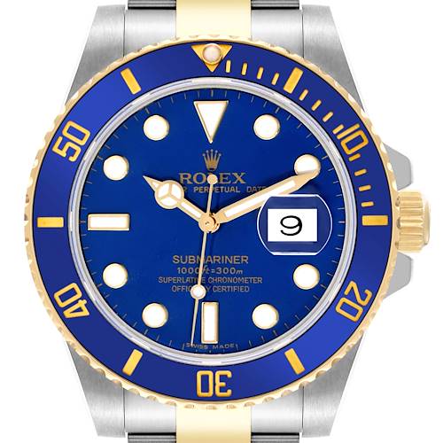 The image is a front view of the Rolex Submariner 116613LB Men's Steel and Gold (two tone) Blue Dial 116613LB Men's Steel and Gold (two tone) Blue Dial watch, showing its blue dial, gold and silver bracelet, and date function.