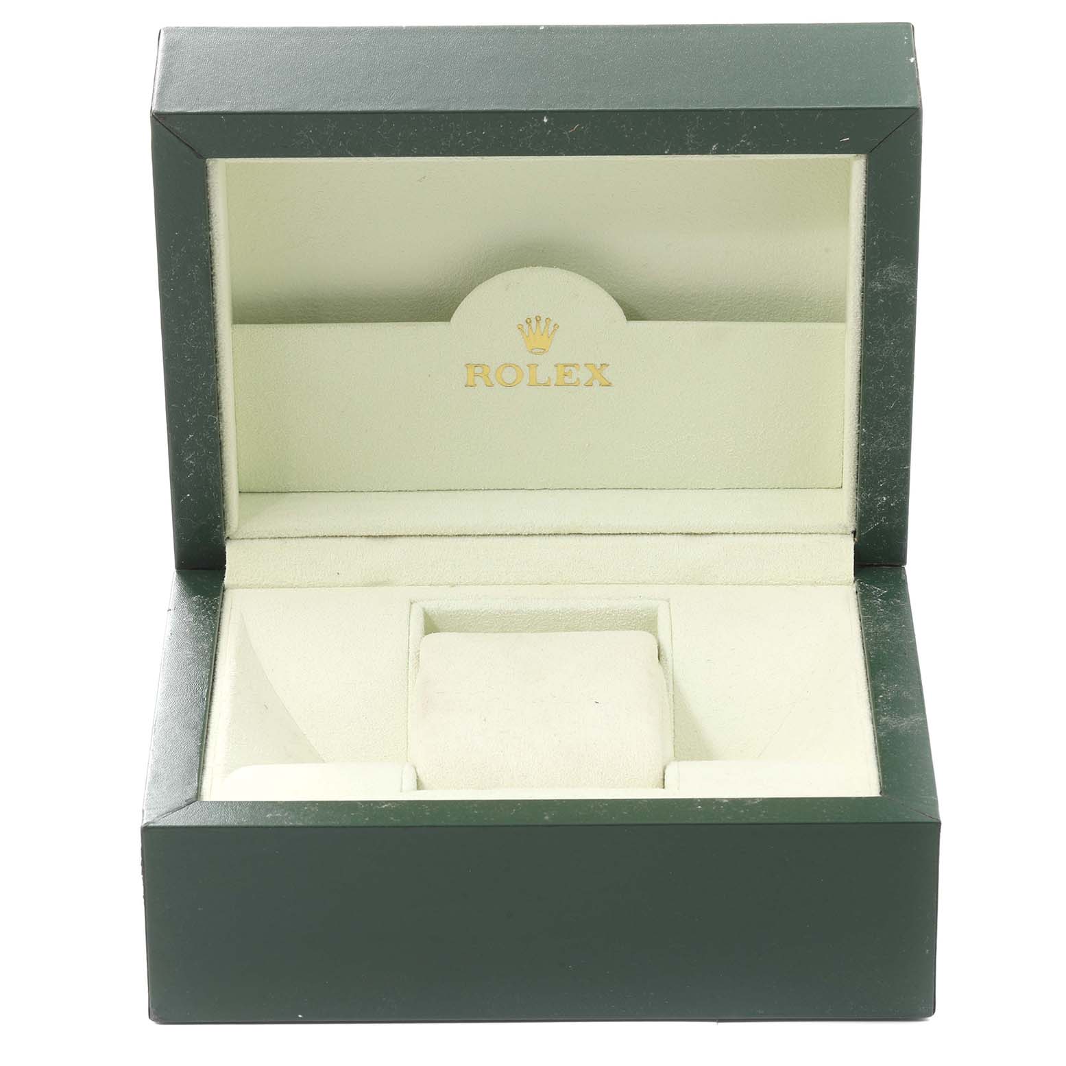This image shows an empty green Rolex box with a cushioned slot for the Turn-o-Graph model watch.
