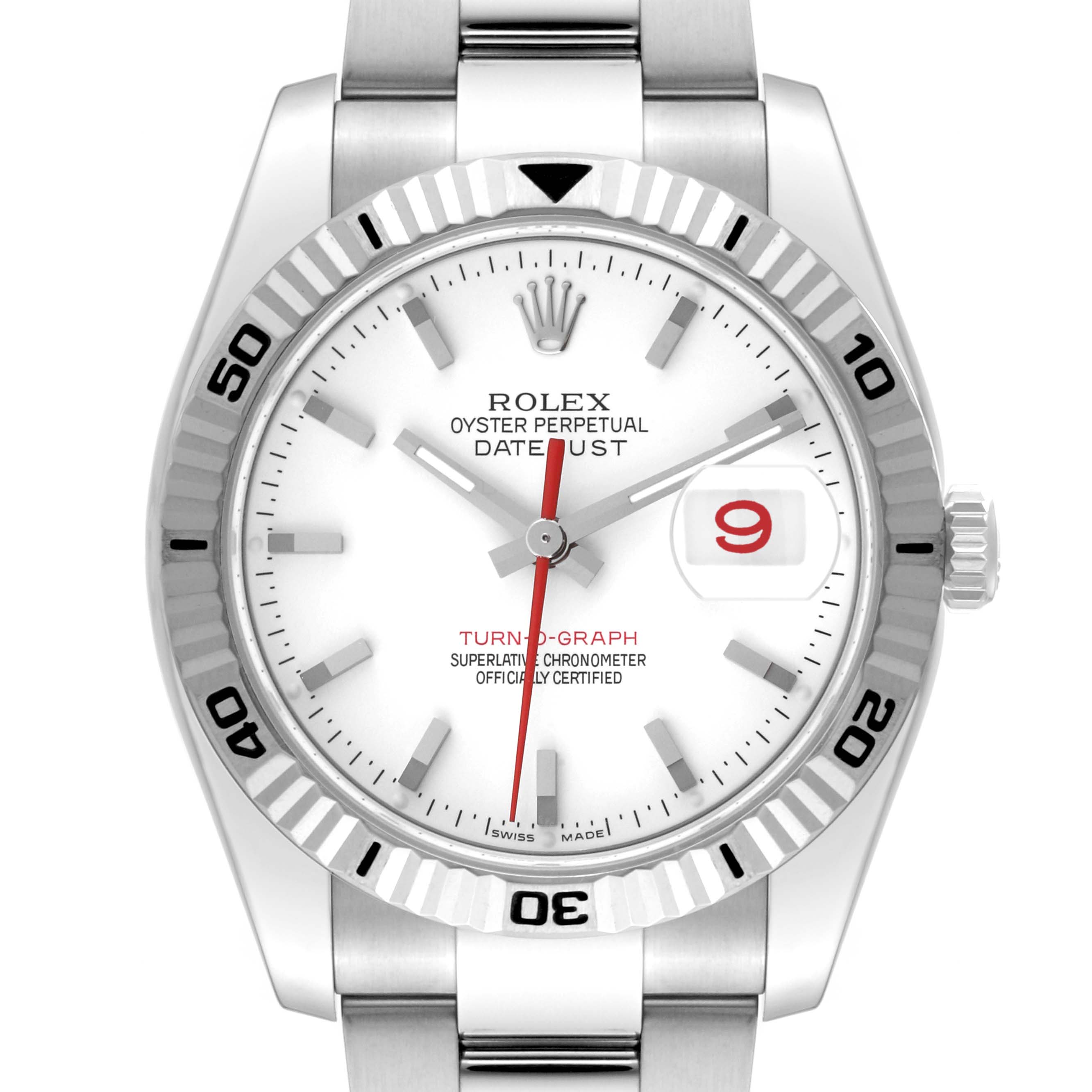 The image shows a frontal view of the Rolex Turn-o-Graph 116264 Men's Stainless Steel White Dial 116264 Men's Stainless Steel White Dial watch, highlighting its dial, bezel, and bracelet.