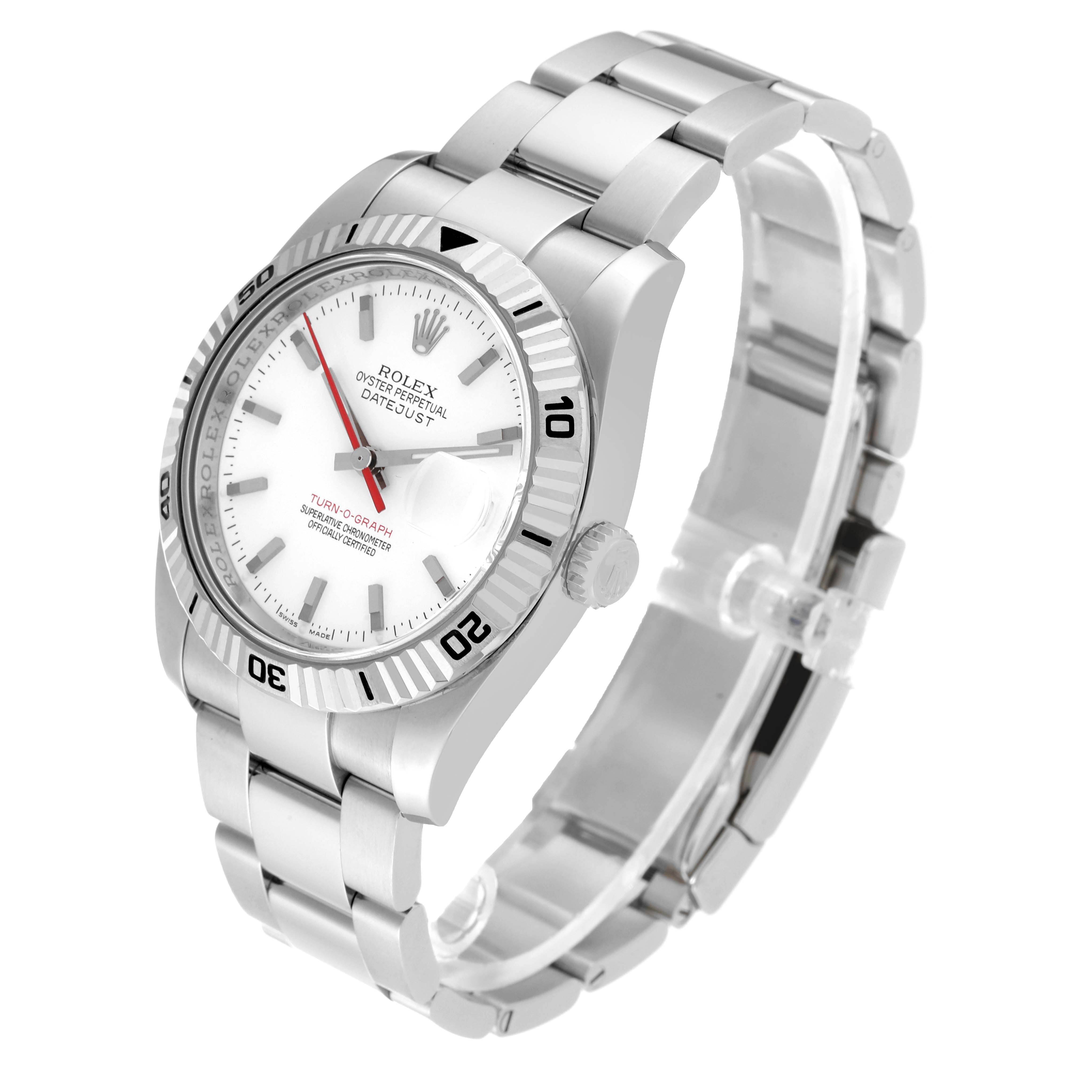 This image shows a Rolex Turn-o-Graph 116264 Men's Stainless Steel White Dial 116264 Men's Stainless Steel White Dial watch from a front angle, highlighting the face, bezel, and stainless steel bracelet.