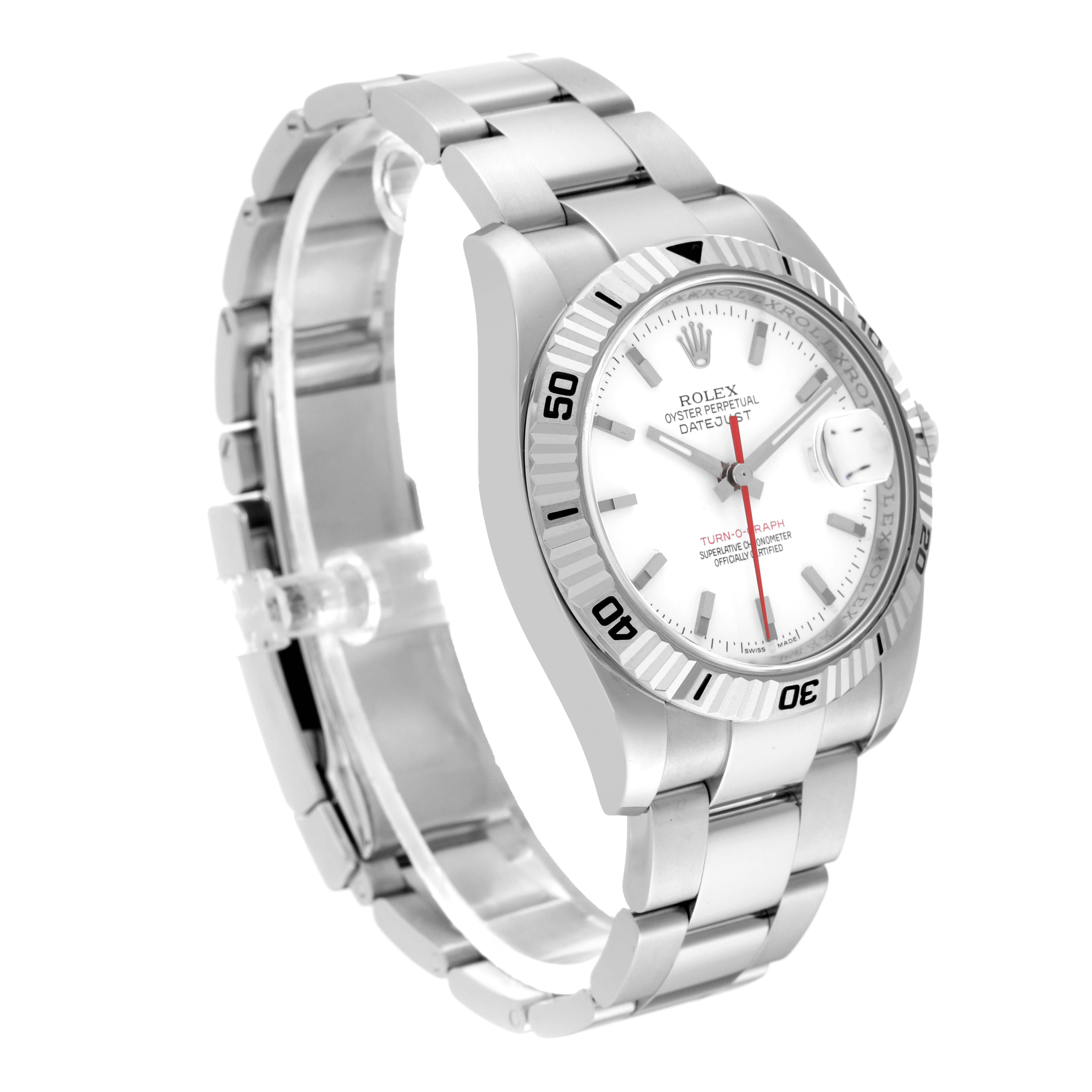 The image shows the Rolex Turn-o-Graph 116264 Men's Stainless Steel White Dial 116264 Men's Stainless Steel White Dial watch at an angled side view, highlighting the face, bezel, and stainless steel bracelet.