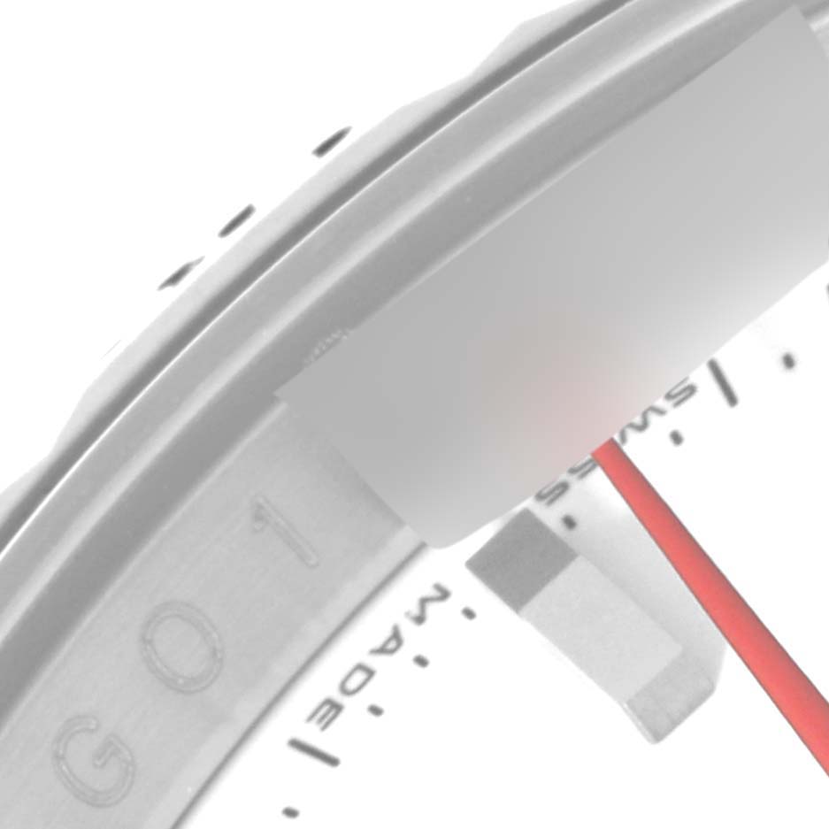 This close-up image shows the bezel, part of the dial, and the second hand of the Rolex Turn-o-Graph 116264 Men's Stainless Steel White Dial 116264 Men's Stainless Steel White Dial watch.