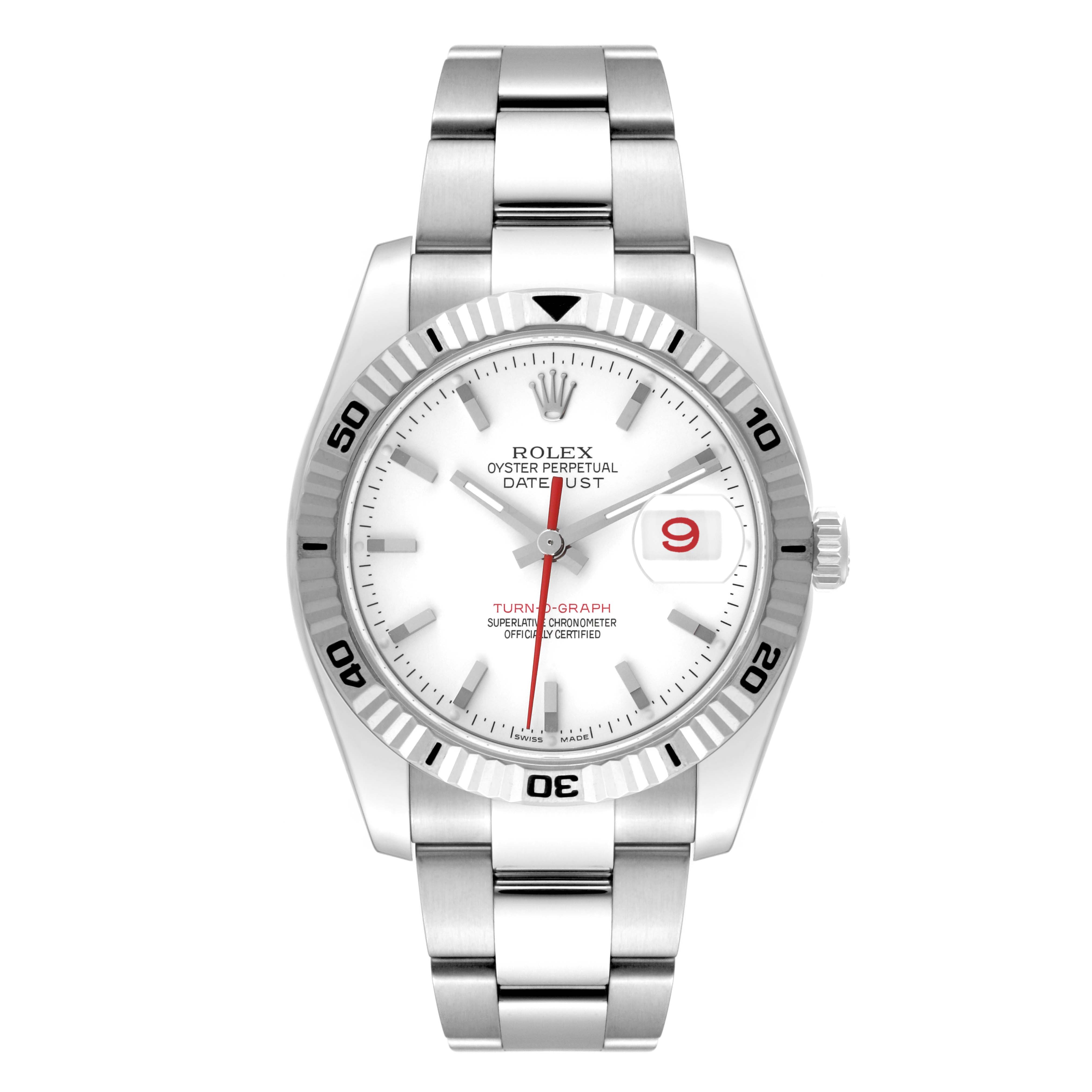 This image shows a Rolex Turn-o-Graph 116264 Men's Stainless Steel White Dial 116264 Men's Stainless Steel White Dial watch from a top-down angle, displaying the dial, bezel, and bracelet.