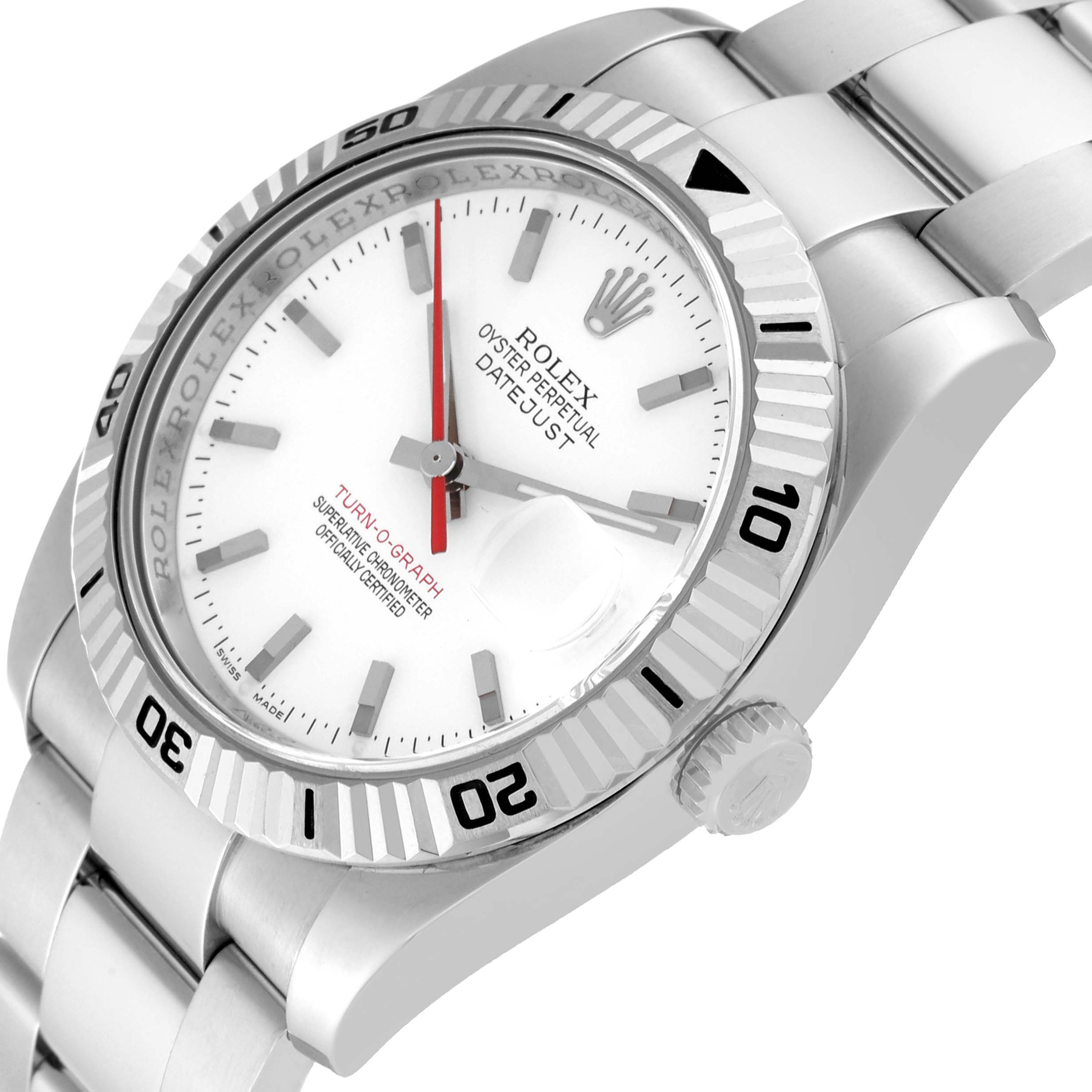 The image shows a Rolex Turn-o-Graph 116264 Men's Stainless Steel White Dial 116264 Men's Stainless Steel White Dial watch at an angle highlighting the dial, bezel, crown, and part of the bracelet.