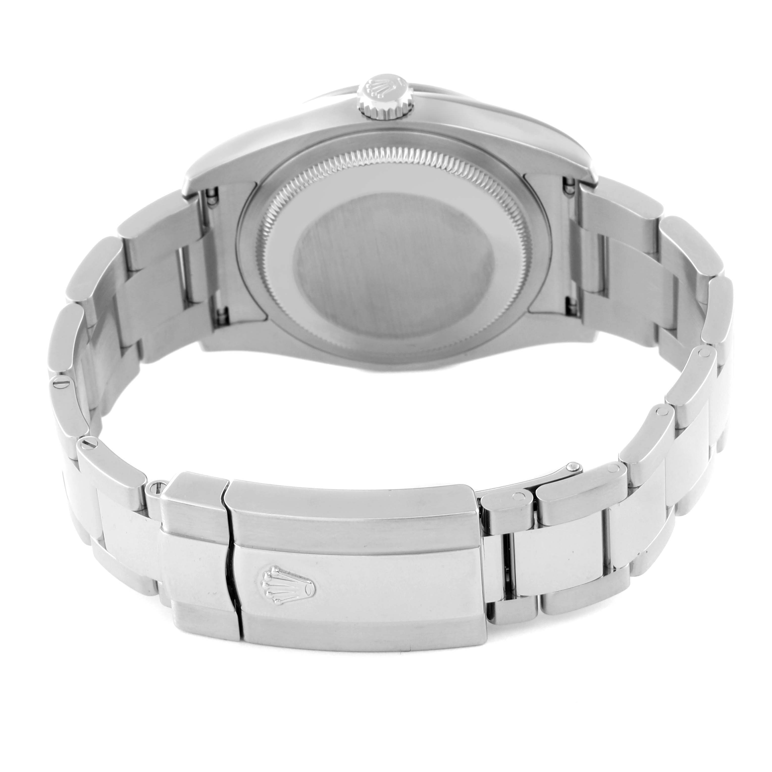 This image shows the back side and bracelet clasp of the Rolex Turn-o-Graph 116264 Men's Stainless Steel White Dial 116264 Men's Stainless Steel White Dial watch at a straight-on angle.