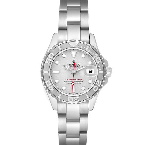 The Rolex Yacht-Master 169622 Women's Platinum Silver Dial 169622 Women's Platinum Silver Dial watch is shown from a top-down angle, displaying the face, bezel, and part of the bracelet.