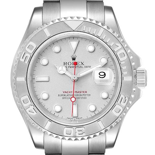 The image shows a front view of the Rolex Yacht-Master 16622 Men's Stainless Steel Silver Dial 16622 Men's Stainless Steel Silver Dial watch's face, bezel, and part of the bracelet.