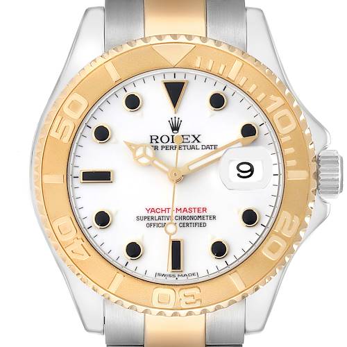 The Rolex Yacht-Master 16623 Men's Steel and Gold (two tone) White Dial 16623 Men's Steel and Gold (two tone) White Dial watch is shown from a front angle, displaying the bezel, dial, hands, and date window.