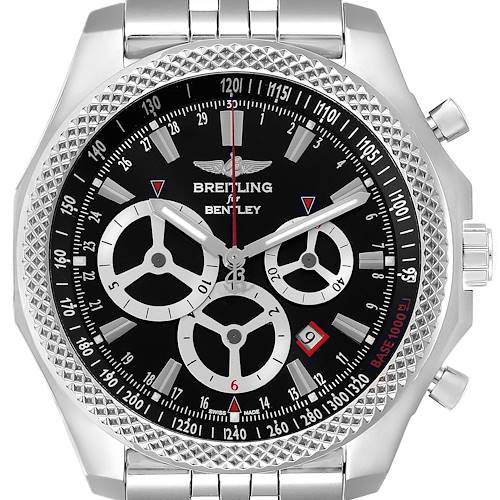 This is a front view of the Breitling Bentley A25366 Men's Stainless Steel Black Dial A25366 Men's Stainless Steel Black Dial watch, showing the face, chronograph dials, bezel, crown, and pushers.