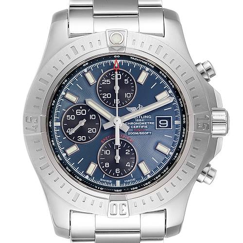 The image shows a front view of a Breitling Colt A13035 Men's Stainless Steel Blue Dial A13035 Men's Stainless Steel Blue Dial watch, featuring its face, bezel, and part of the bracelet.
