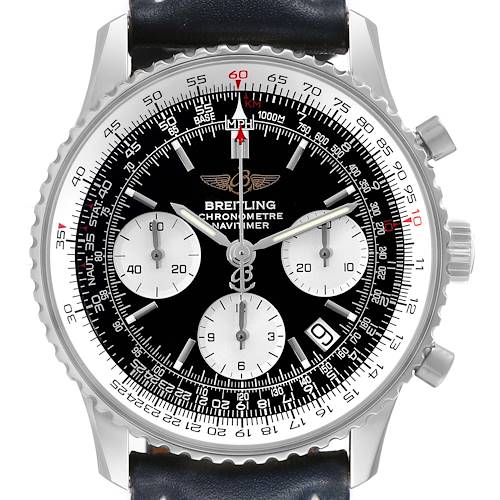 The Breitling Navitimer A23322 Men's Stainless Steel Black Dial A23322 Men's Stainless Steel Black Dial watch is shown from the front, highlighting the dial, bezel, sub-dials, and leather strap.