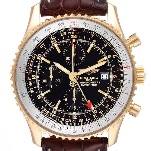 This image shows a frontal view of a Breitling Navitimer K24322 Men's Yellow Gold Black Dial K24322 Men's Yellow Gold Black Dial watch, highlighting the dial, bezel, crown, and brown leather strap.