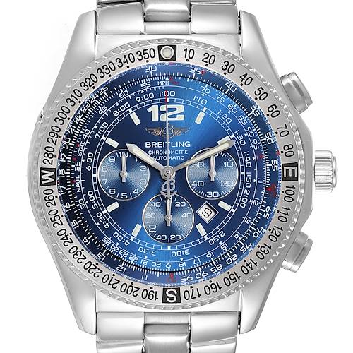 This image shows a front view of the Breitling Professional Series A42362 Men's Stainless Steel Blue Dial A42362 Men's Stainless Steel Blue Dial watch, highlighting its blue dial, chronograph sub-dials, and steel bracelet.