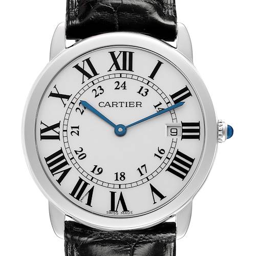 The Cartier Ronde W6700255 Men's Stainless Steel Silver Dial W6700255 Men's Stainless Steel Silver Dial watch is shown from the front, highlighting the Roman numeral dial, blue hands, crown, and black leather strap.
