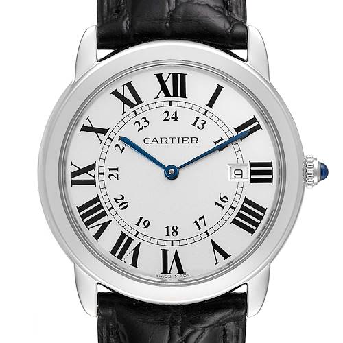 This image shows a front view of the Cartier Ronde W6700255 Men's Stainless Steel Silver Dial W6700255 Men's Stainless Steel Silver Dial model watch, displaying its face, Roman numerals, and black leather strap.