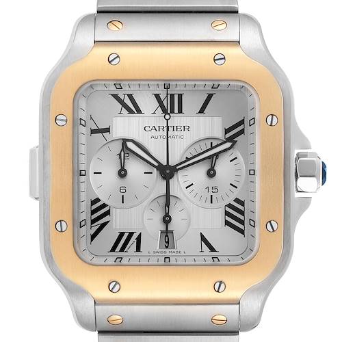 The Cartier Santos W2SA0008 Men's Steel and Gold (two tone) Silver Dial W2SA0008 Men's Steel and Gold (two tone) Silver Dial watch is shown from a front angle, displaying its face, bezel, and part of the bracelet.