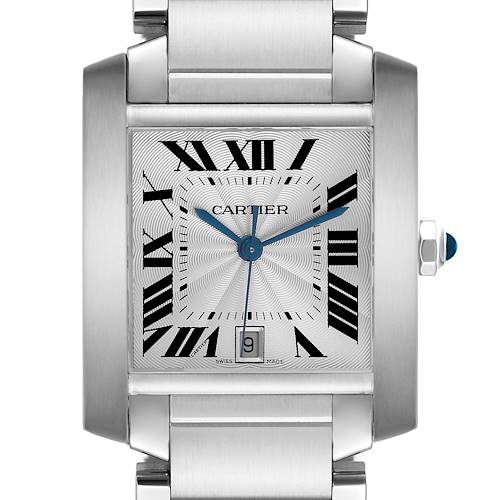 The Cartier Tank Francaise W51002Q3 Men's Stainless Steel Silver Dial W51002Q3 Men's Stainless Steel Silver Dial watch is shown from a front view, displaying its face, Roman numerals, and metal bracelet.