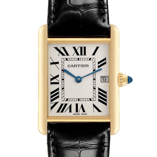 The Cartier Tank Louis W1529756 Men's Yellow Gold Silver Dial W1529756 Men's Yellow Gold Silver Dial watch is shown from the front, highlighting its face, Roman numerals, and crown with a blue embellishment.