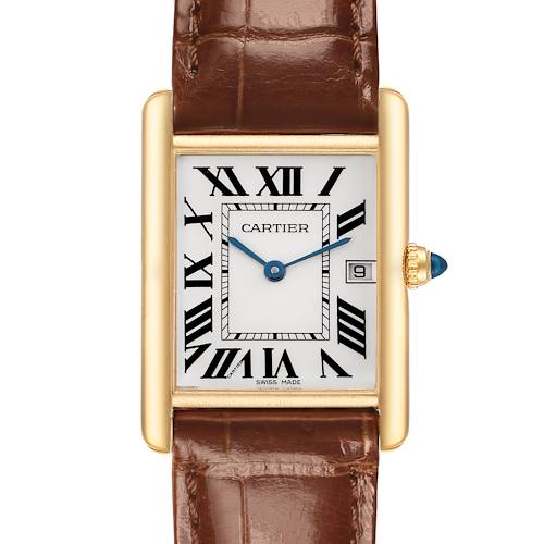 The Cartier Tank Louis W1529756 Men's Yellow Gold Silver Dial W1529756 Men's Yellow Gold Silver Dial watch is shown from a top-down angle, displaying the face, Roman numerals, crown, and brown leather strap.