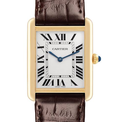 The Cartier Tank Solo W5200004 Men's Steel and Gold (two tone) Silver Dial W5200004 Men's Steel and Gold (two tone) Silver Dial watch is shown from the front, highlighting the face, Roman numerals, gold bezel, and brown leather strap.
