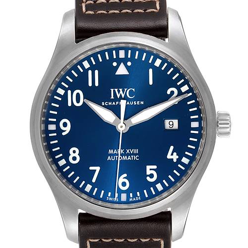 The image shows a frontal view of the IWC Pilot IW327010 Men's Stainless Steel Blue Dial IW327010 Men's Stainless Steel Blue Dial's Watch Mark XVIII with its blue dial and visible date window.