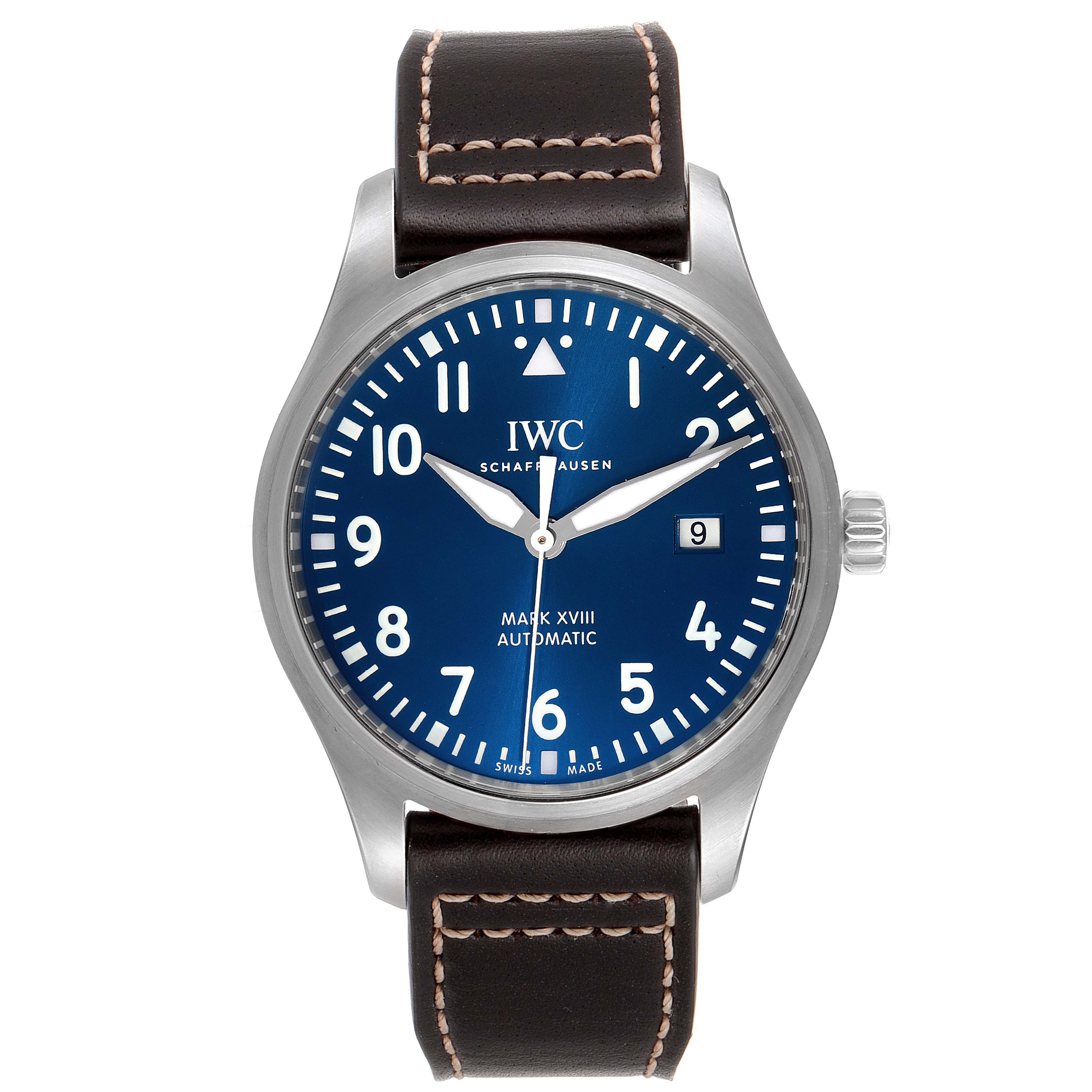 The IWC Pilot IW327010 Men's Stainless Steel Blue Dial IW327010 Men's Stainless Steel Blue Dial watch is shown from a front angle, displaying its dial, bezel, crown, and leather strap.