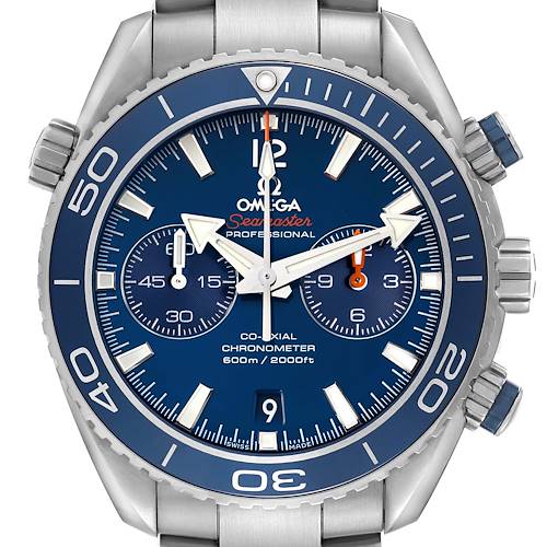 The Omega Planet Ocean 232.90.46.51.03.001 Men's Stainless Steel Blue Dial 232.90.46.51.03.001 Men's Stainless Steel Blue Dial watch is shown from a front angle, displaying the dial, bezel, and part of the bracelet.