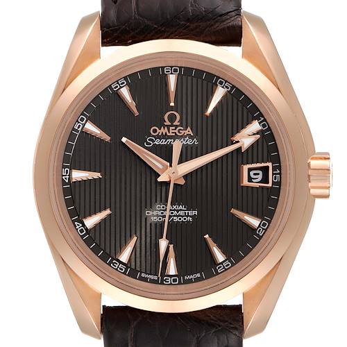 The image shows a front view of the Omega Aqua Terra 231.53.39.21.06.001 Men's Rose Gold Grey Dial 231.53.39.21.06.001 Men's Rose Gold Grey Dial watch, highlighting the dial, hands, hour markers, bezel, and part of the strap.