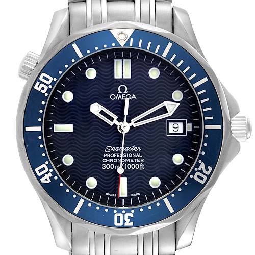 This image shows the front view of the Omega Seamaster 2531.80.00 Men's Stainless Steel Blue Dial 2531.80.00 Men's Stainless Steel Blue Dial watch, highlighting the dial, bezel, hands, and date window.