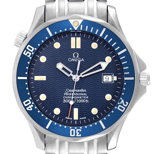 This image shows a front view of the Omega Seamaster 2531.80.00 Men's Stainless Steel Blue Dial 2531.80.00 Men's Stainless Steel Blue Dial watch, highlighting its dial, hands, bezel, and bracelet.