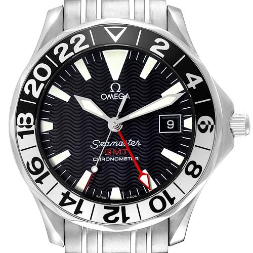 The image shows a front view of the Omega Seamaster 2534.50.00 Men's Stainless Steel Black Dial 2534.50.00 Men's Stainless Steel Black Dial GMT Chronometer watch, highlighting the dial, hands, bezel, and bracelet.
