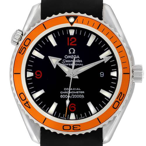 The Omega Planet Ocean 2908.50.38 Men's Stainless Steel Black Dial 2908.50.38 Men's Stainless Steel Black Dial watch is shown from a front angle, highlighting the dial, bezel, and crown.