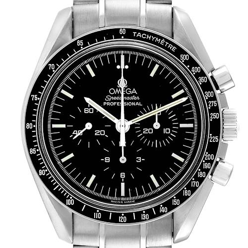 This Omega Speedmaster 3572.50.00 Men's Stainless Steel Black Dial 3572.50.00 Men's Stainless Steel Black Dial watch is shown from the front, highlighting the dial, bezel, and part of the bracelet.