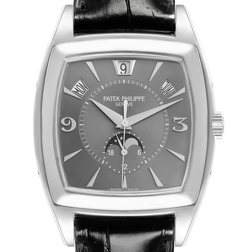 The Patek Philippe Gondolo 5135G-010 Men's White Gold Grey Dial 5135G-010 Men's White Gold Grey Dial watch is shown from the front, displaying its dial, hands, date, moon phase, and leather strap.