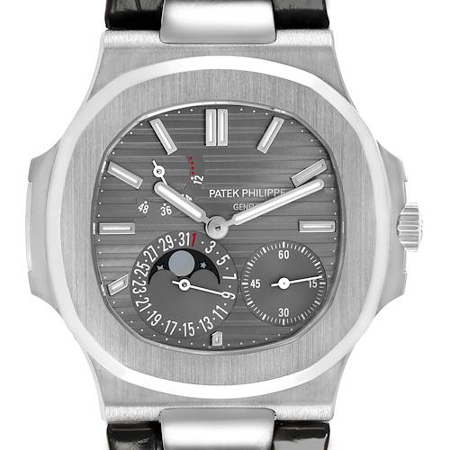 The Patek Philippe Nautilus 5712G-001 Men's White Gold Grey Dial 5712G-001 Men's White Gold Grey Dial watch is shown from the front, highlighting the face, subdials, hands, and crown.