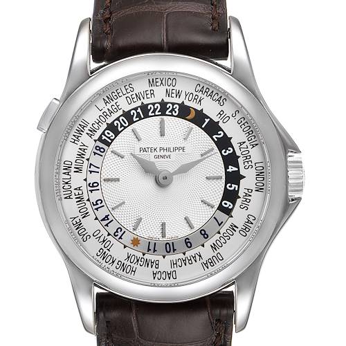 The image shows a front view of the Patek Philippe 5110G Men's White Gold Silver Dial 5110G Men's White Gold Silver Dial World Time Automatic White Gold Mens Watch 5110, featuring its dial and leather strap.