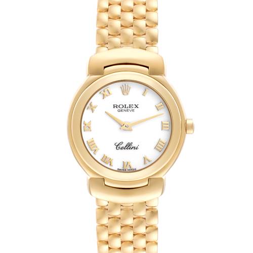 The Rolex Cellini 6621 Women's Yellow Gold White Dial 6621 Women's Yellow Gold White Dial watch is shown from a straight-on angle, displaying the face, bezel, and part of the bracelet.