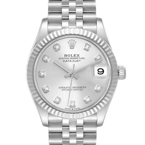 This image shows a frontal view of the Rolex Datejust Mid-Size watch, highlighting its dial, bezel, and bracelet.