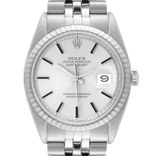 This image shows a frontal view of the Rolex Vintage Collection 16030 Men's Stainless Steel Silver Dial 16030 Men's Stainless Steel Silver Dial Oyster Perpetual Datejust watch, highlighting its face, bezel, and part of the bracelet.
