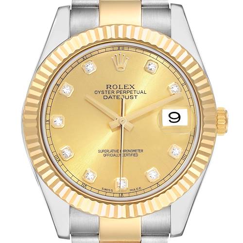 This image shows a close-up frontal view of a Rolex Datejust 41 116333 Men's Steel and Gold (two tone) Champagne Dial 116333 Men's Steel and Gold (two tone) Champagne Dial watch, featuring a bicolor bezel, a gold dial, and diamond hour markers.