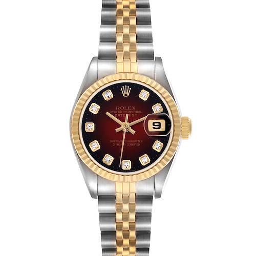 The Rolex Datejust 69173 Women's Steel and Gold (two tone) Red Dial 69173 Women's Steel and Gold (two tone) Red Dial watch is shown from a top-down angle, displaying the dial, bezel, and full bracelet.