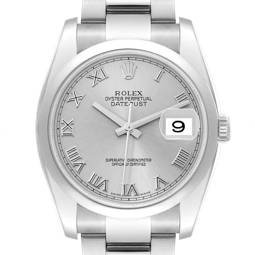 The image shows a front view of a Rolex Datejust 116200 Men's Stainless Steel Silver Dial 116200 Men's Stainless Steel Silver Dial watch, featuring a silver dial with Roman numerals and a date magnifier at 3 o'clock.