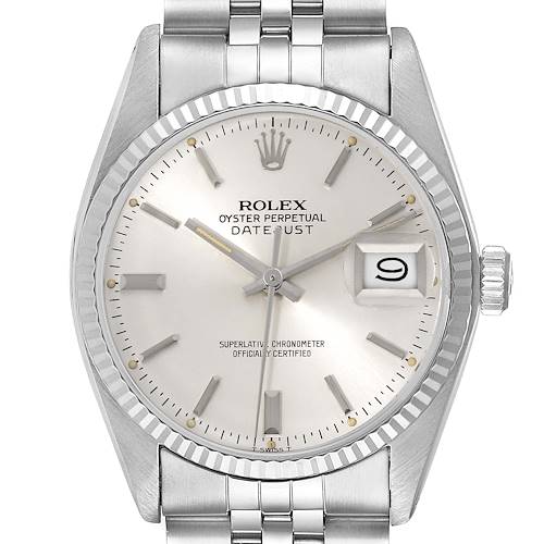 This image shows a frontal view of the Rolex Vintage Collection 16014 Men's Stainless Steel Silver Dial 16014 Men's Stainless Steel Silver Dial Datejust, featuring the dial, hands, crown, and part of the bracelet.